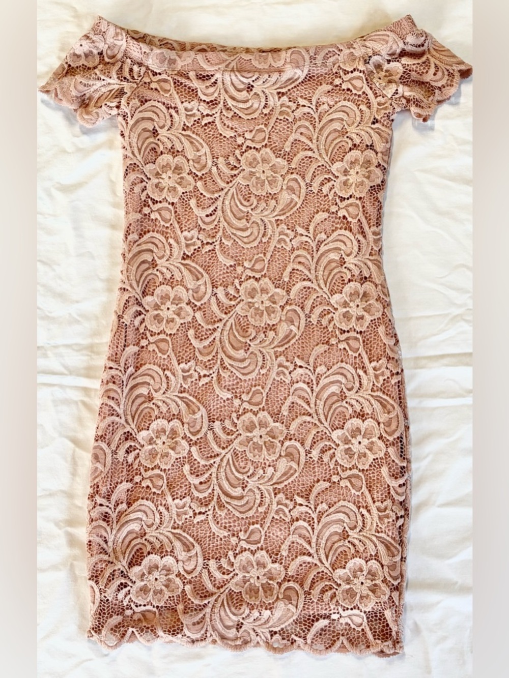 Ambiance Blush Lace Off-Shoulder Bodycon Mini Dress